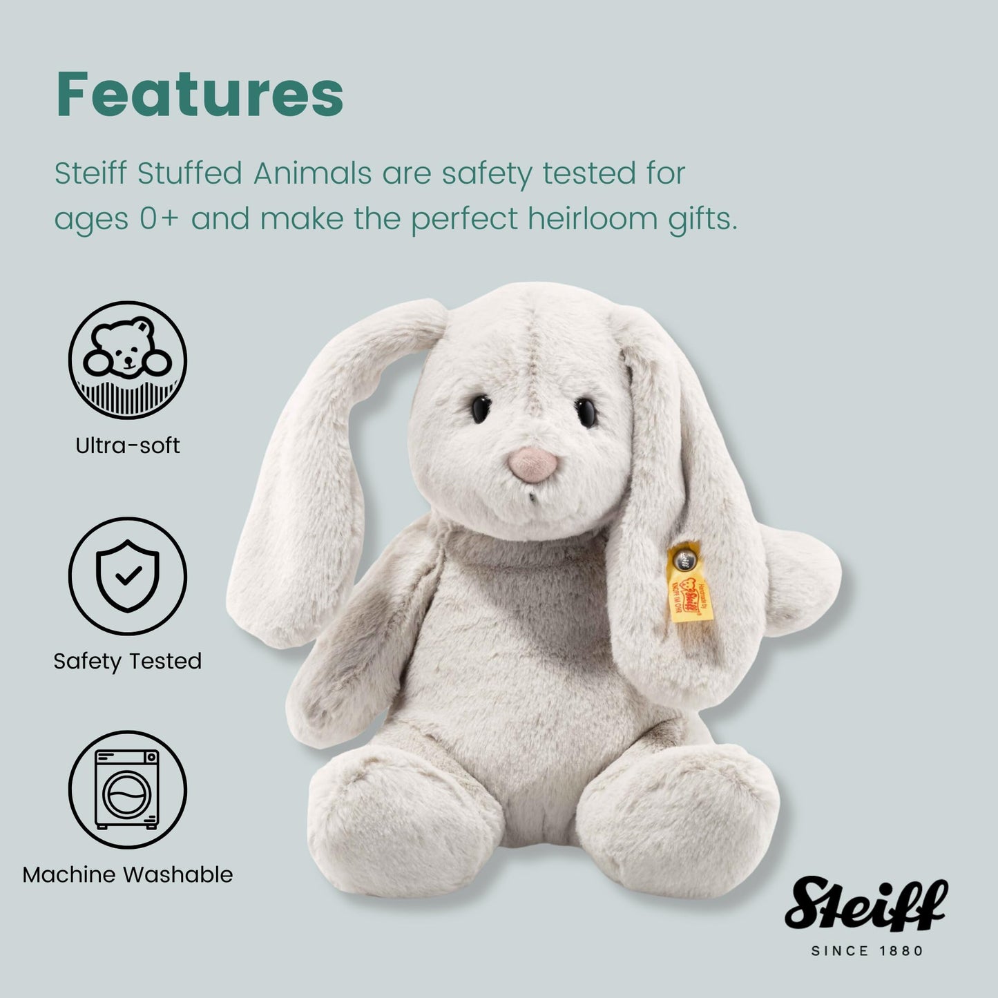 Hoppie Hase mit Schlappohren 28 cm hellgrau, Plüschtier, Soft Cuddly Friends, flauschiges Stofftier zum Kuscheln und Spielen